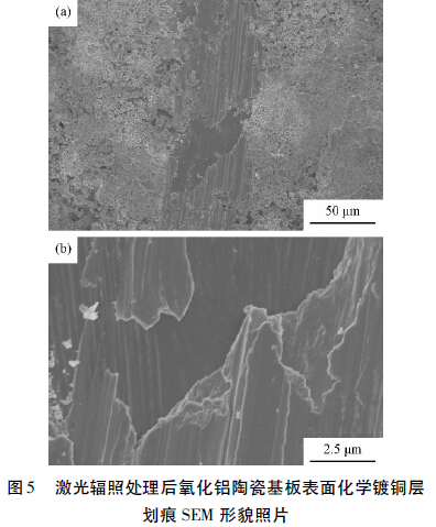 圖5 激光輻照處理后氧化鋁陶瓷基板表面化學鍍銅層劃痕SEM 形貌照片