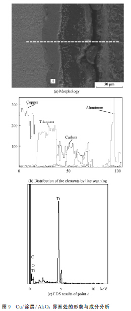 圖９　Ｃｕ／涂層／Ａｌ２Ｏ３ 界面處的形貌與成分分析